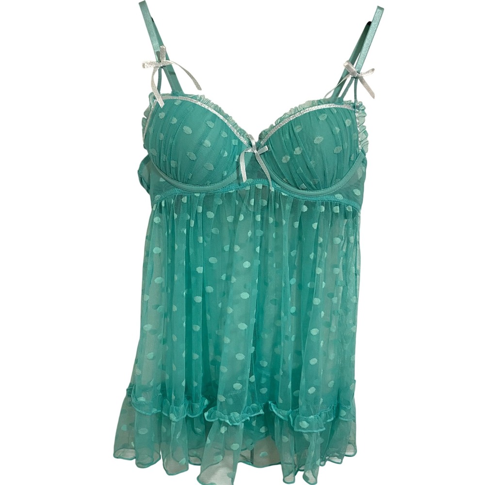 Babydoll Pastel Goth Chemise Soft Girl Womens L Teal Polka Dot Mesh Ruffle Bows - Picture 2 of 7